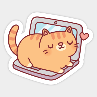 Cute Chubby Tabby Cat Resting On Laptop Sticker